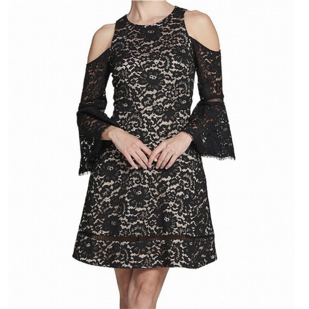 Eliza J Black Lace Bell Sleeve Cocktail Dress